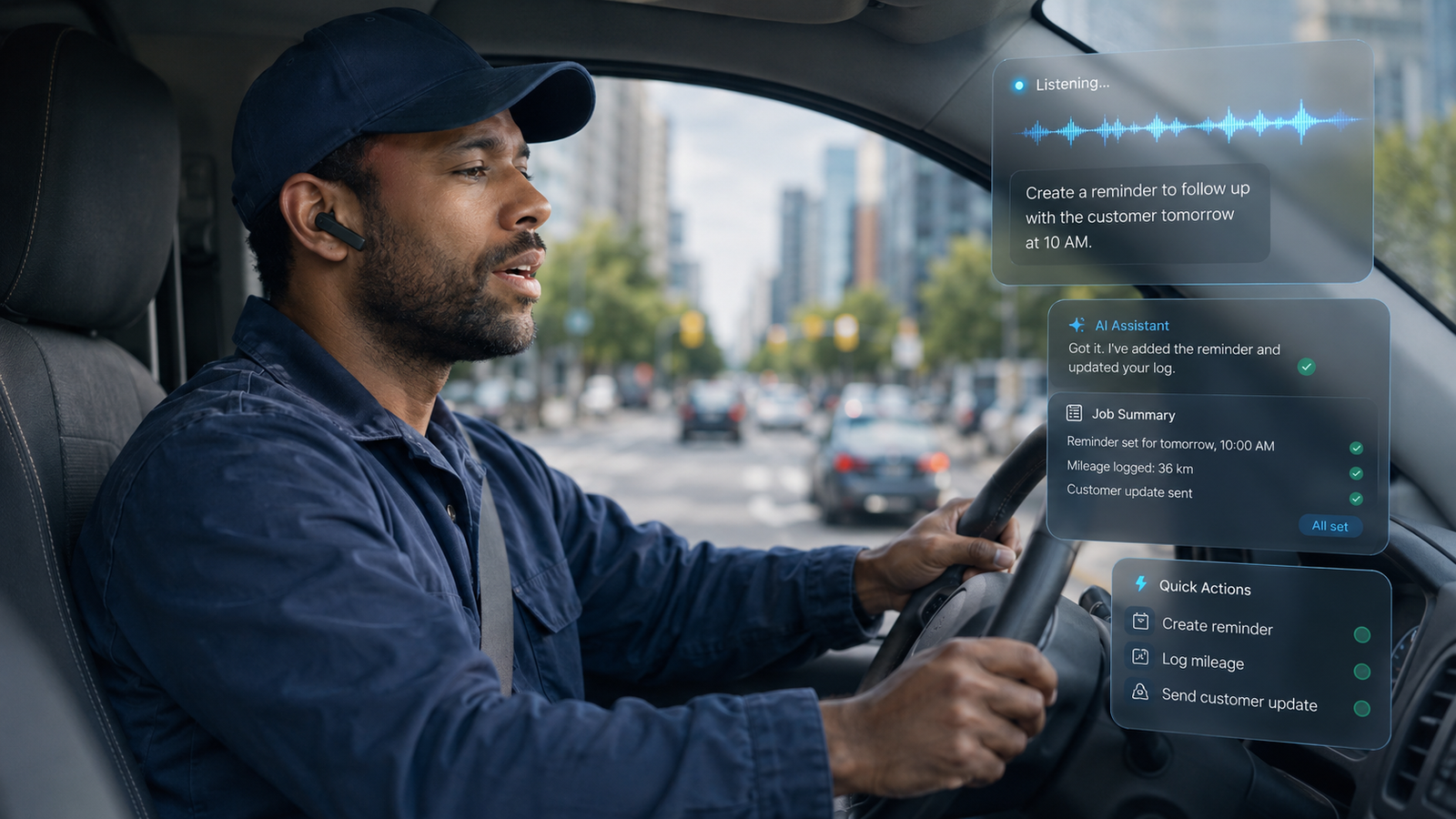 Driver using a voice AI assistant while driving safely