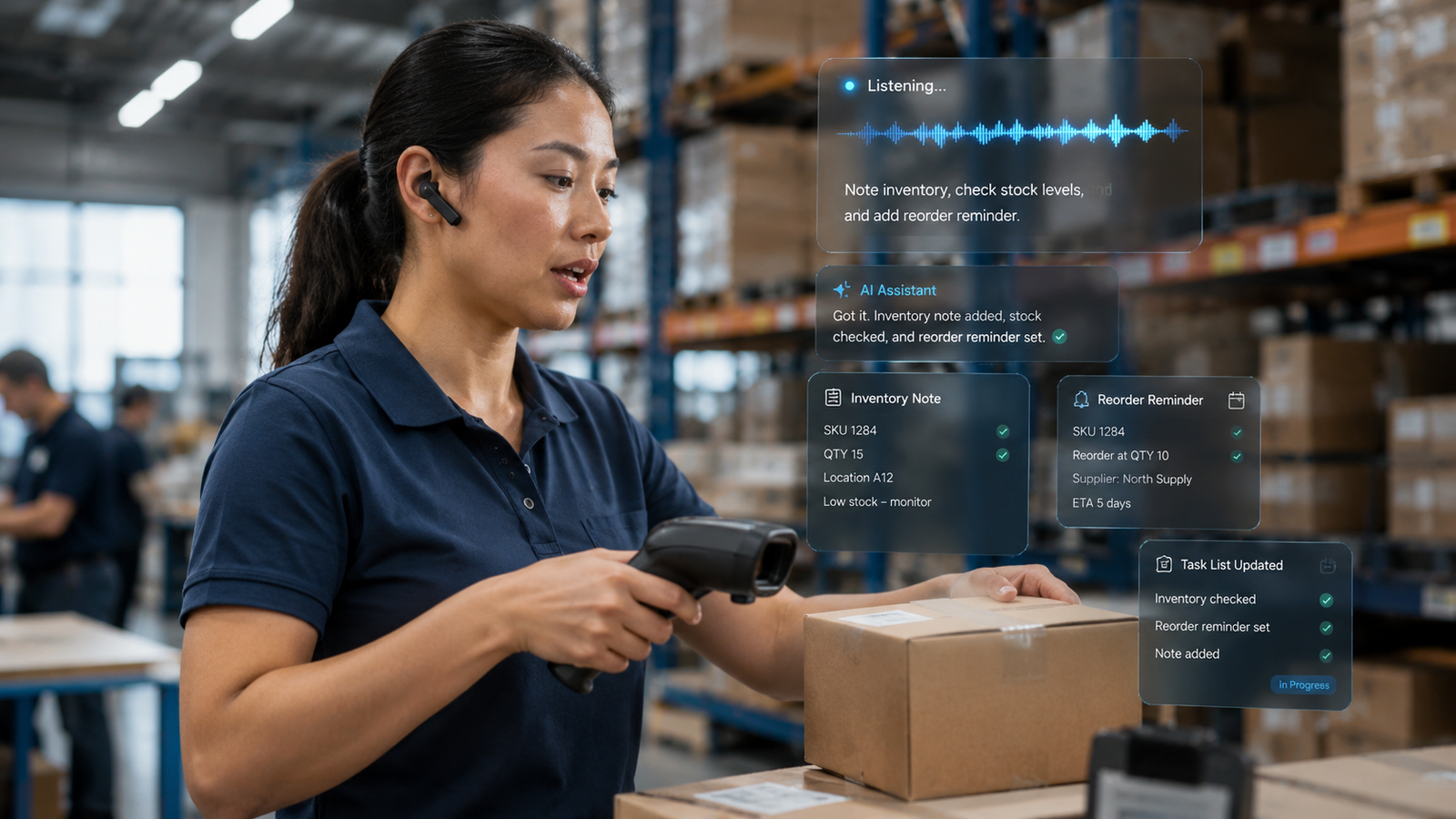 Worker using voice AI for hands-free inventory management